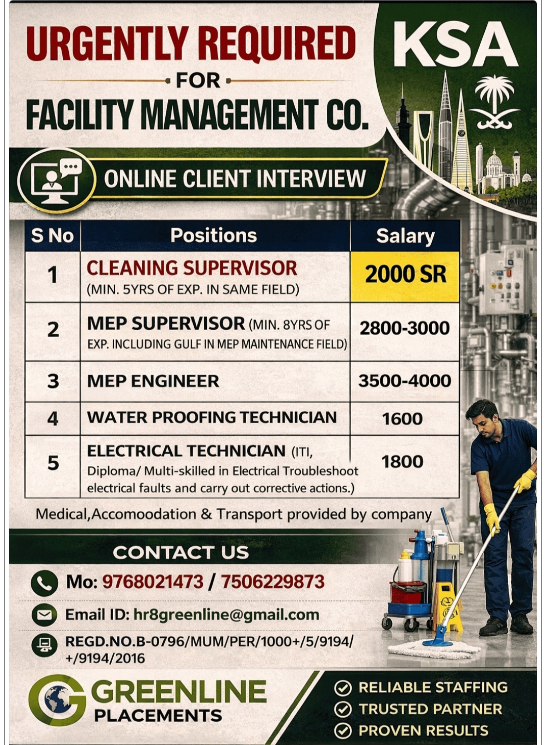 MULTIPLE JOB VACANCY FOR FACILITY MANAGEMENT IN KSA
