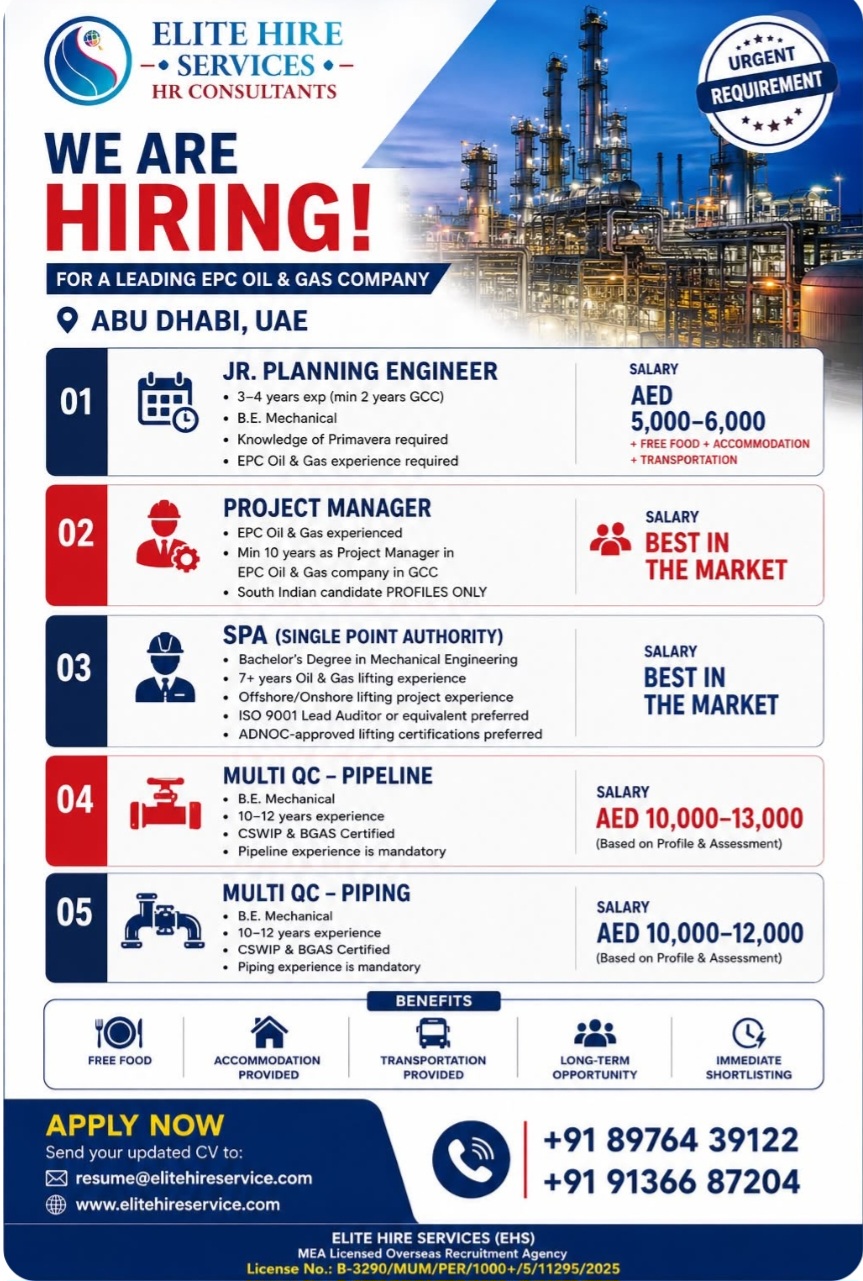 Multiple Positions hirings EPC Oil & Gas Company