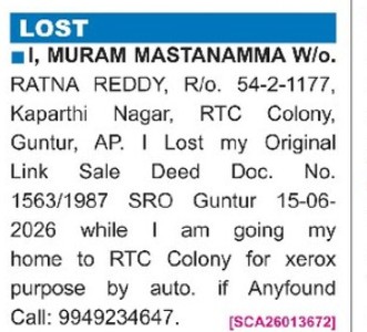 MURAM MASTANNAMA has lost document