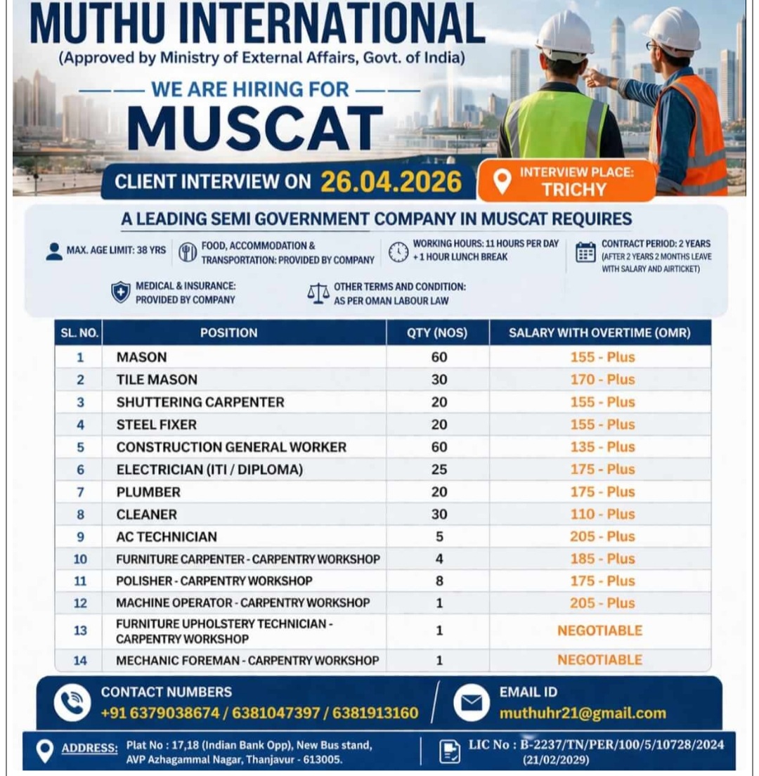 MUTHU INTERNATIONAL IS HIRING AT MUSCAT