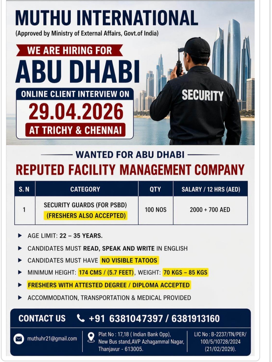 MUTHU INTERNATIONAL IS HIRING FOR ABU DHABI