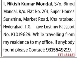 NIKISH KUMAR MONDAL HAS LOST PASSPORT