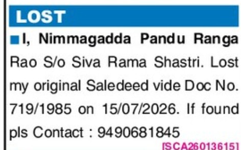 NIMMAGADA PANDU RANGA HAS LOST DOCUMENT