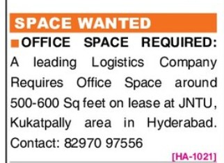 OFFICE SPACE REQUIRED AT KUKATPALLY