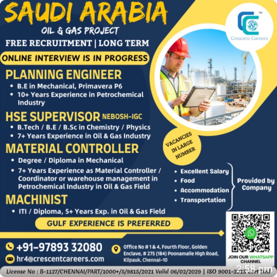 OIL AND FAS PROJECT FREE RECRUITMENT FOR SAUDI ARABIA