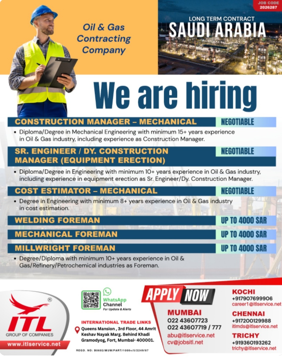 OIL AND GAS CONTRACTING COMAPNY hiring SAUDI ARABIA