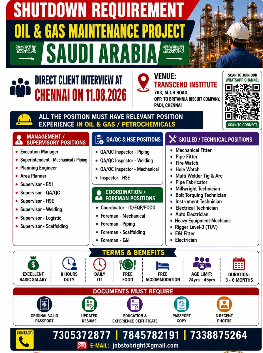 OIL AND GAS MAINTENANCE PROJECT RECRUITMENT FOR SAUDI ARABIA