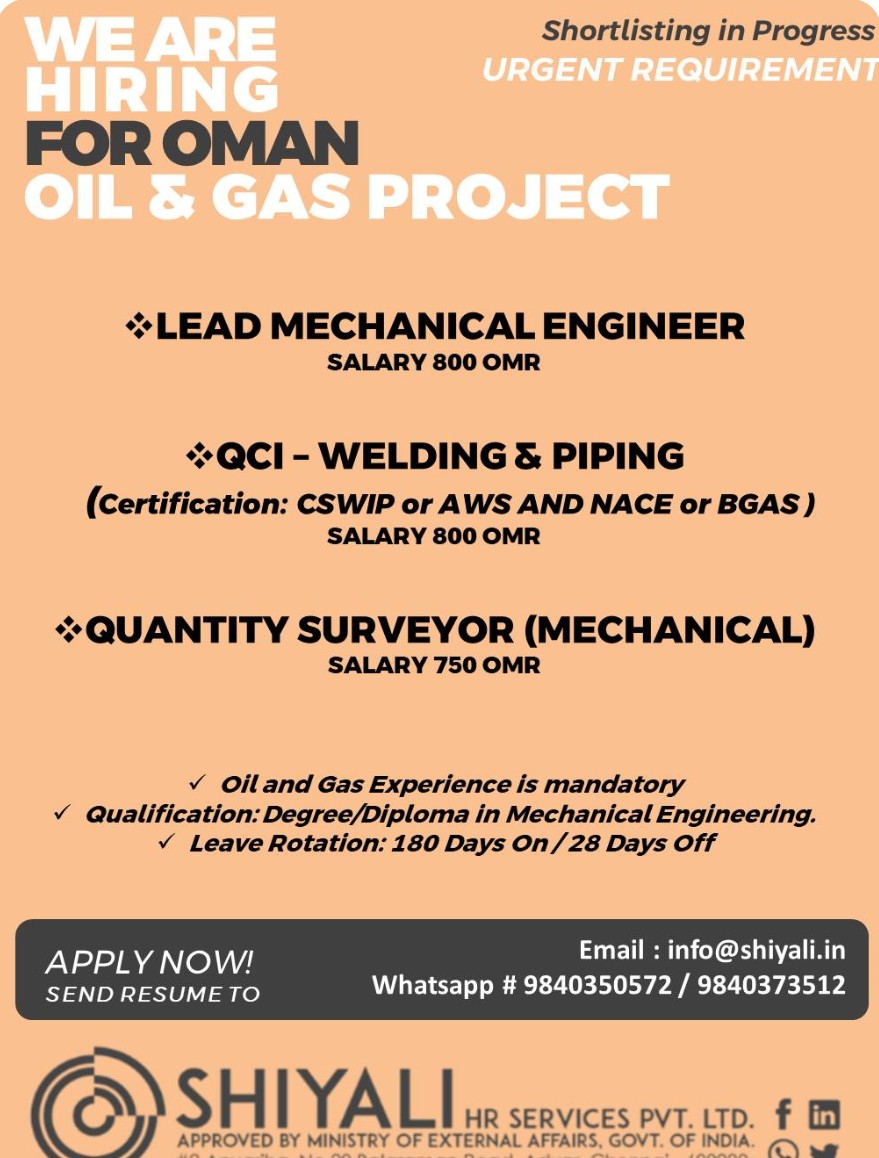 OIL AND GAS PEOJECT HIRING FOR OMAN