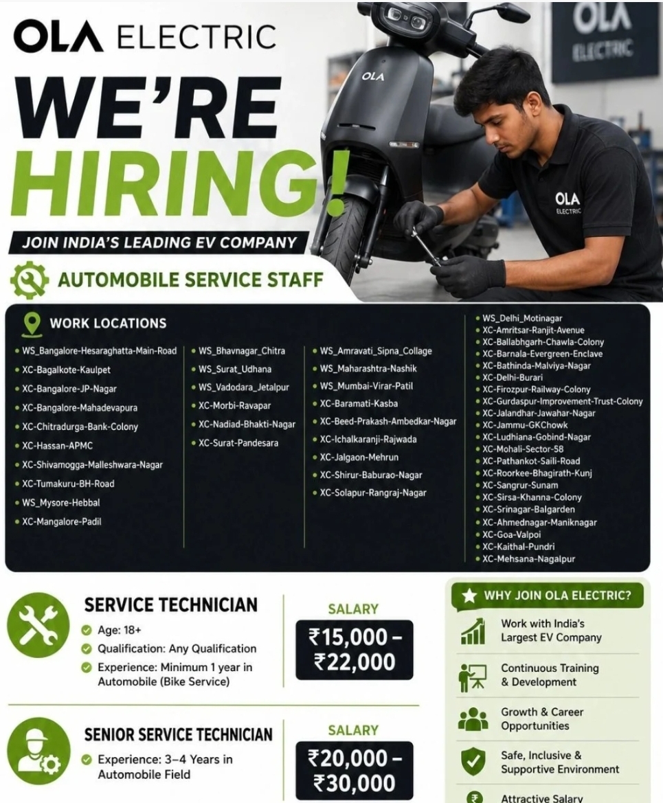 OLA Electric recruitment 2026 : Massive Hiring for Automobile Service staff across India