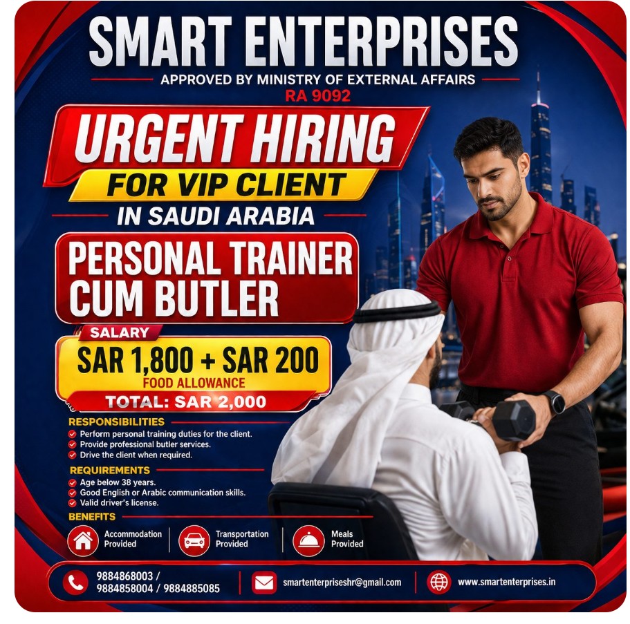 PERSONAL TRAINER CUM BUTLER REQUIREMENT FOR SAUDI ARABIA