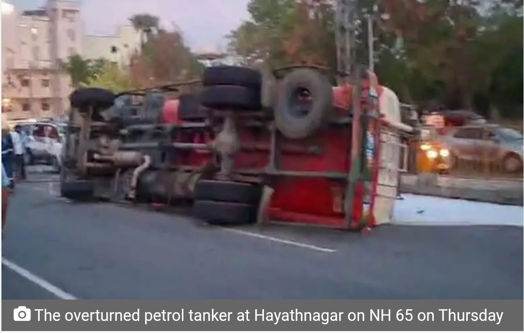 Petrol tanker rams cars, overturns on NH 65 in Hyderabad