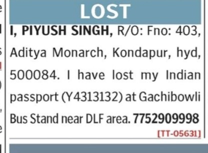 PIYUSH SINGH HAS LOST PASSPORT