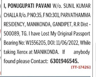 PONUGUPATI PAVANI HAS LOST passport