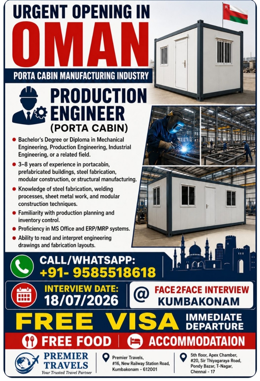 PORTA CABIN MANUFACTURING INDUSTRY IS HIRING FOR OMAN