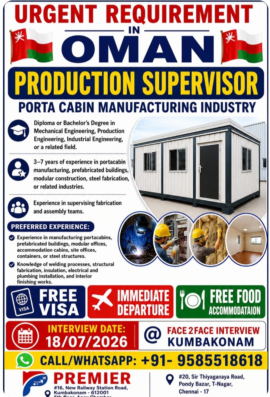 PORTA CABIN MANUFACTURING INDUSTRY IS HIRING FOR OMAN