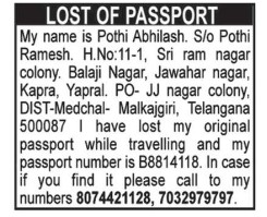 POTHI ABHILASH HAS LOST PASSPORT