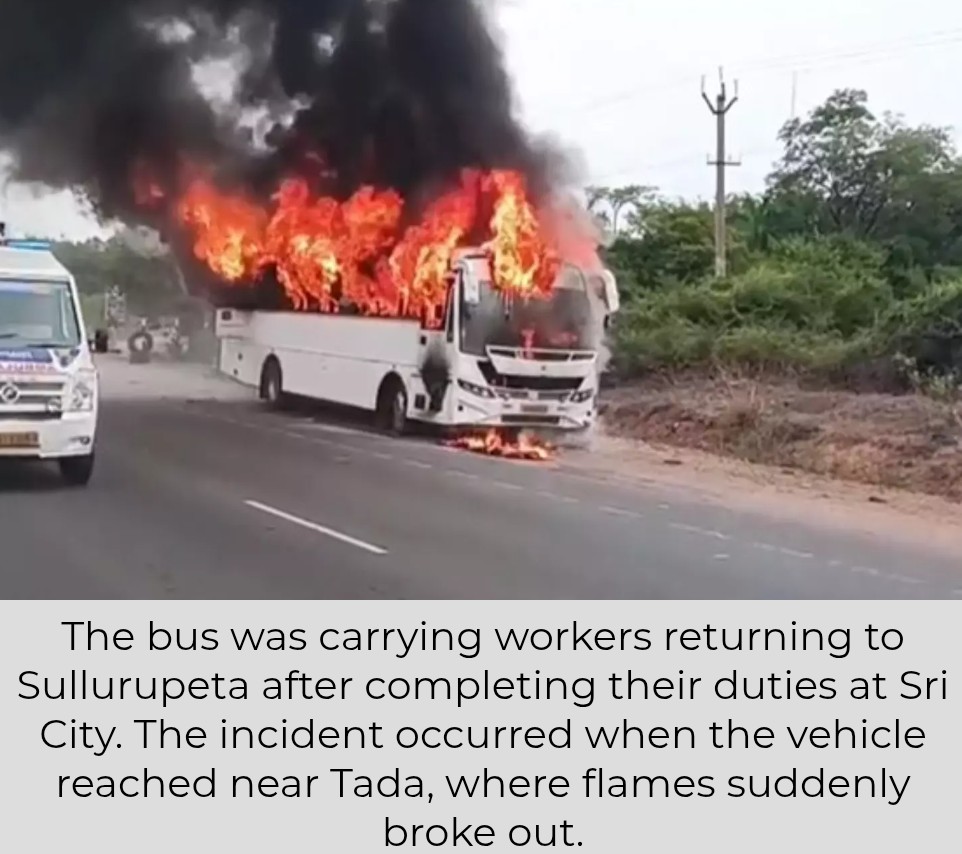 Private Bus Catches Fire Near Tada in Tirupati District, Passengers Escape Unhurt