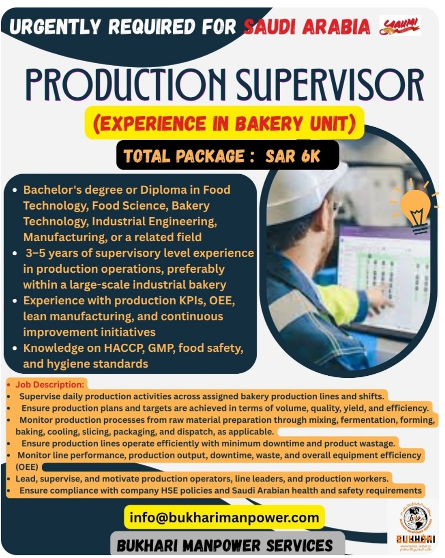 PRODUCTION SUPERVISOR REQUIREMENT FOR SAUDI ARABIA