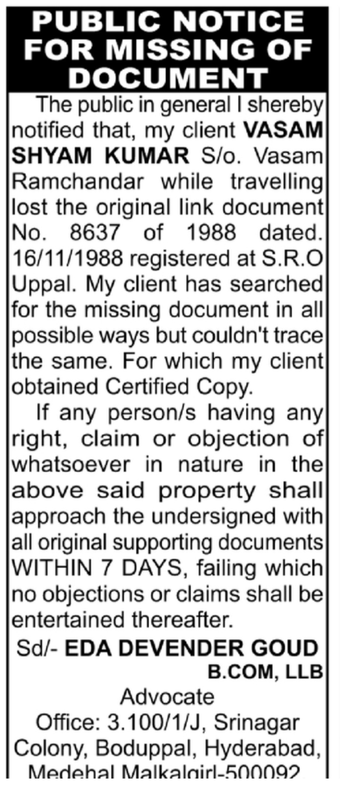 Public notice for missing of document
