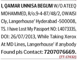 QAMAR UNNISA BEGUM HAS LOST PASSPORT