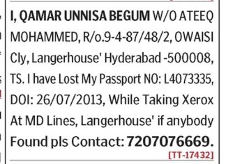 QAMAR UNNISA BEGUM HAS LOST PASSPORT