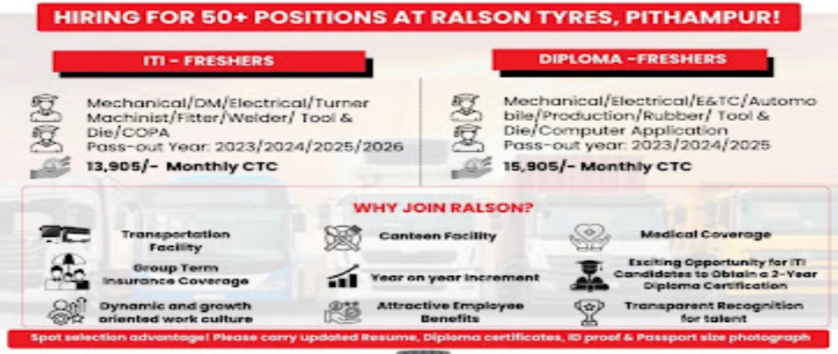 Ralson Tyre Walk in Interviews 2026 Jobs for ITI and Diploma holders in Pithampur