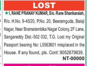 RANE PRANAY KUMAR HAS LOST PASSPORT