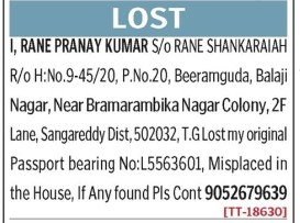 RANE PRANAY KUMAR HAS LOST PASSPORT