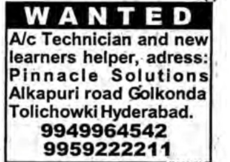 RECRUITMENT FOR AC TECHNICIAN AND HELPERS