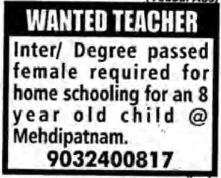 RECRUITMENT FOR HOME SCHOOLING FEMALE TEACHER