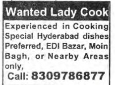 RECRUITMENT FOR LADY COOK