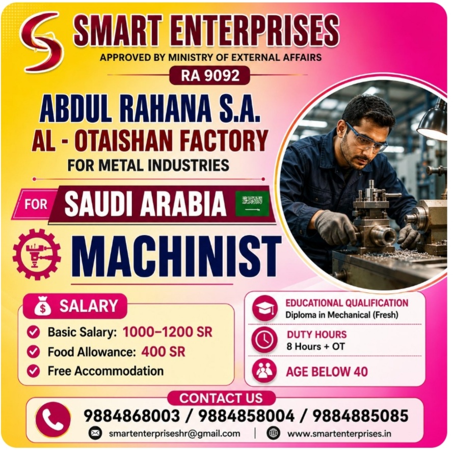 RECRUITMENT FOR MACHINIST FOR SAUDI ARABIA
