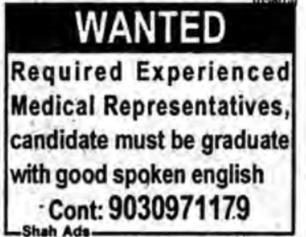 RECRUITMENT FOR MEDICAL REPRESENTATIVE