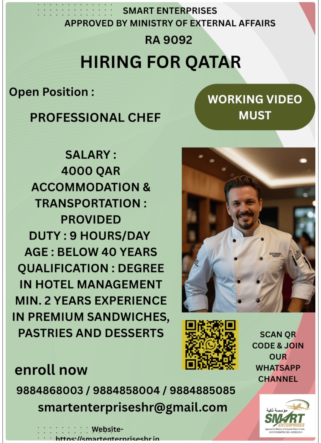 RECRUITMENT FOR PROFESSIONAL CHEF FOR QATAR