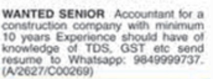 RECRUITMENT FOR SENIOR ACCOUNTANT FOR A CONSTRUCTION COMPANY