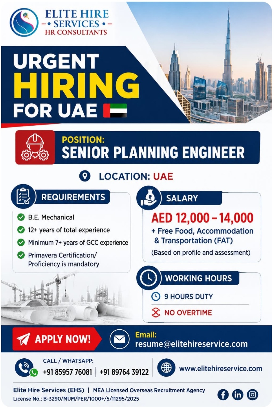 RECRUITMENT FOR SENIOR PLANNING ENGINEER FOR UAE