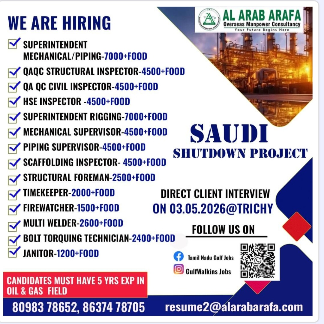 RECRUITMENT FOR SHUT DOWN PROJECT SAUDI ARABIA