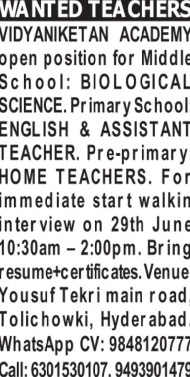 Recruitment for Teachers ( Vidya Niketan Academy)