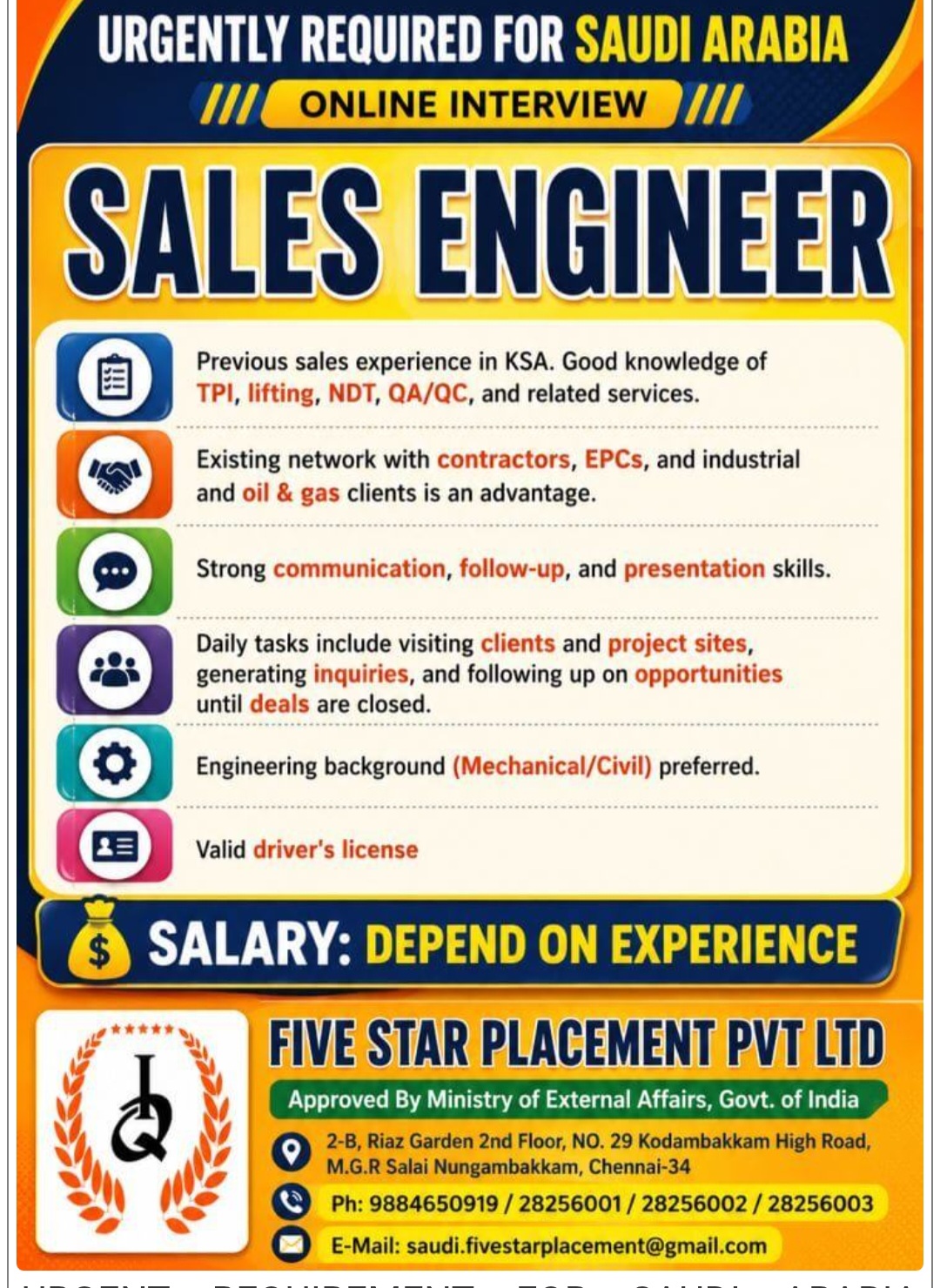RECRUITMENT SALES ENGINEER FOR SAUDI ARABIA