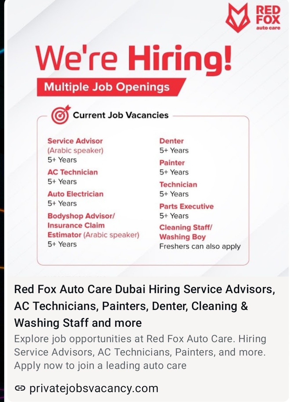 RED FOX AUTO CARE IS HIRING FOR DUBAI