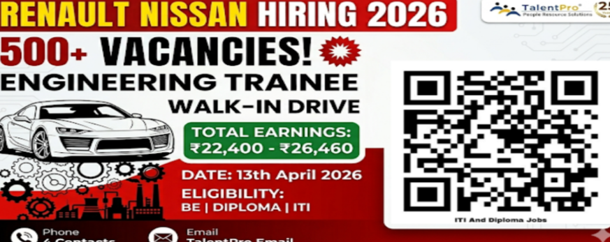 Renault Nissan Hiring 2026 Walk in for Engineering Trainee