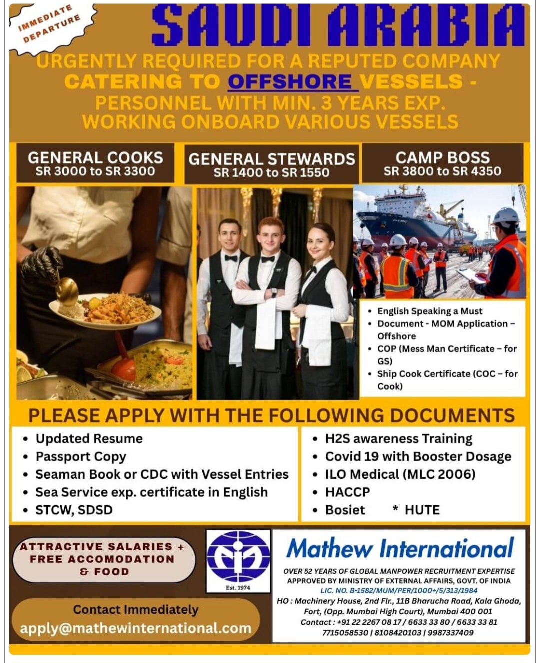 REPUTED CATERING CO IS HIRING FOR SAUDI ARABIA