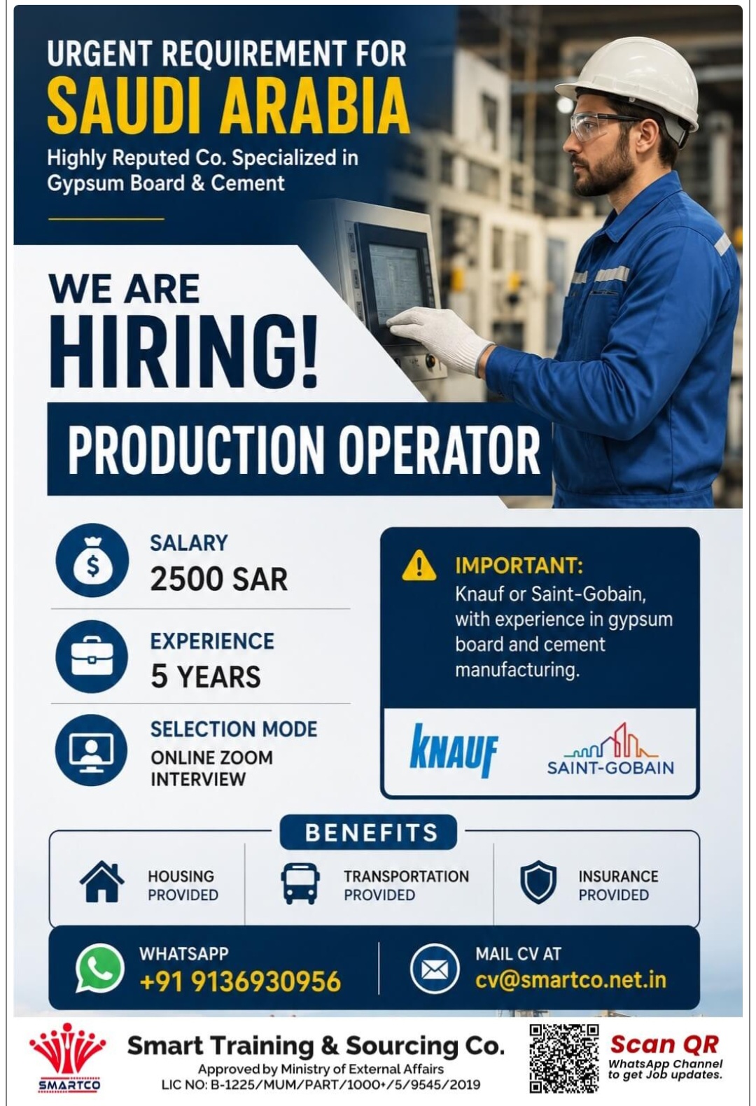 REPUTED CO GYPSUM BOARD AND CEMENT IS HIRING FOR SAUDI ARABIA