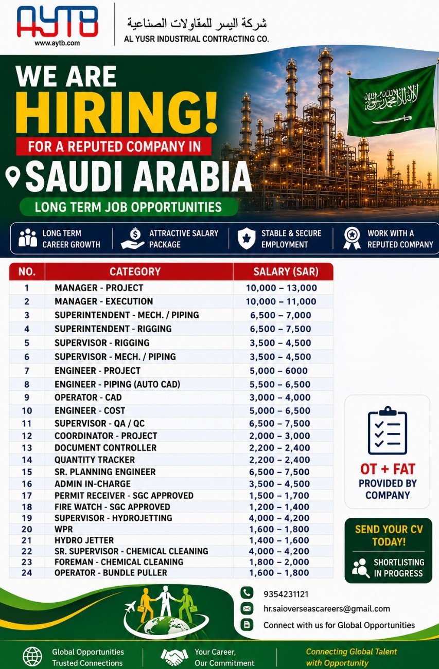 REPUTED COMPANY IS HIRING FOR SAUDI ARABIA