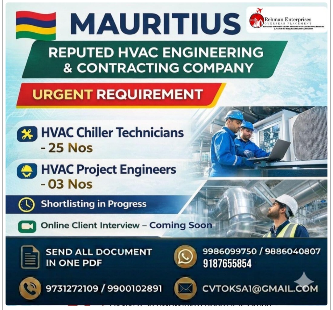 REPUTED HVAC ENGINEERING &CONTRACTING COMPANY IS recruiting at MAURITIUS