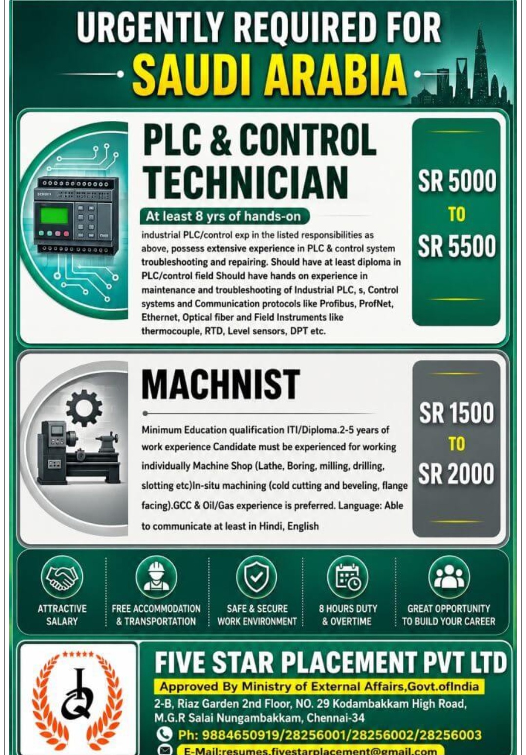 REQUIRED PLC CONTROL  TECHNICIAN & MACHINIST for saudi Arabia