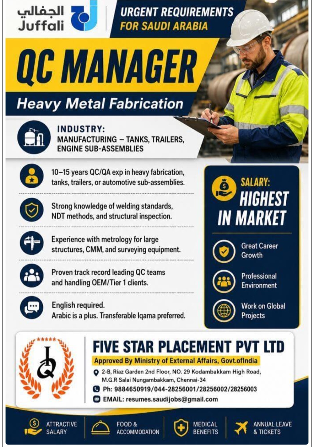REQUIRED QC MANAGER in Heavy metal fabrication for Saudi Arabia