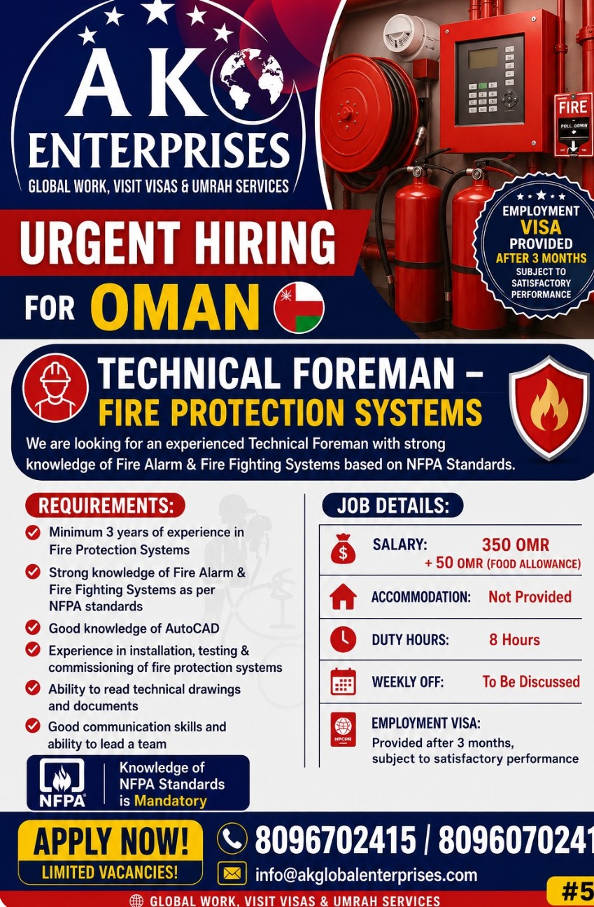 REQUIRED TECHNICAL FOREMAN FOR OMAN