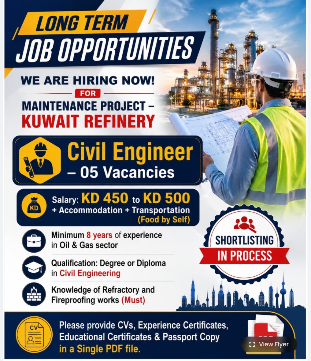 REQUIREMENT FOR CIVIL ENGINEER FOR KUWAIT