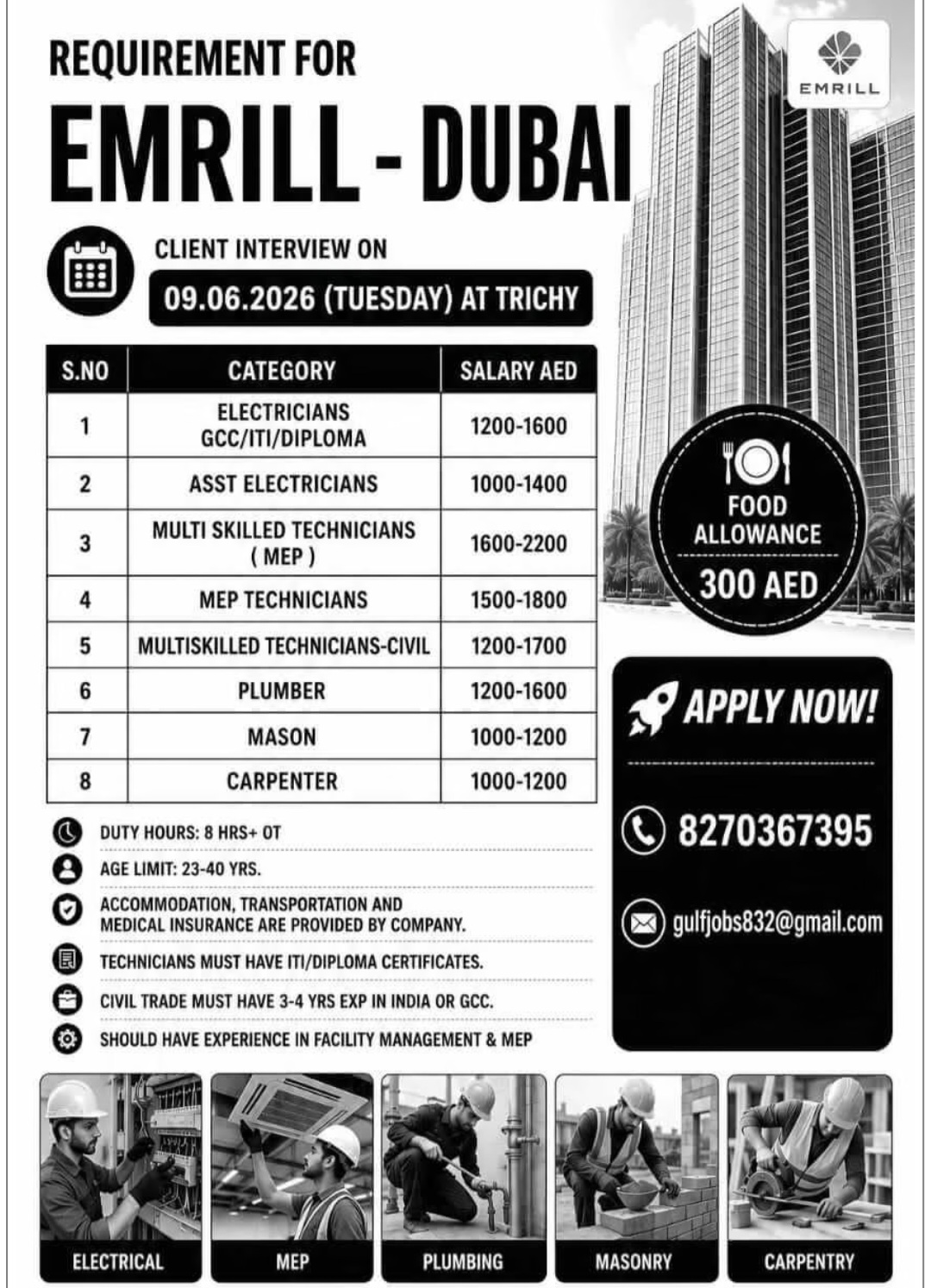 REQUIREMENT FOR EMRILL DUBAI